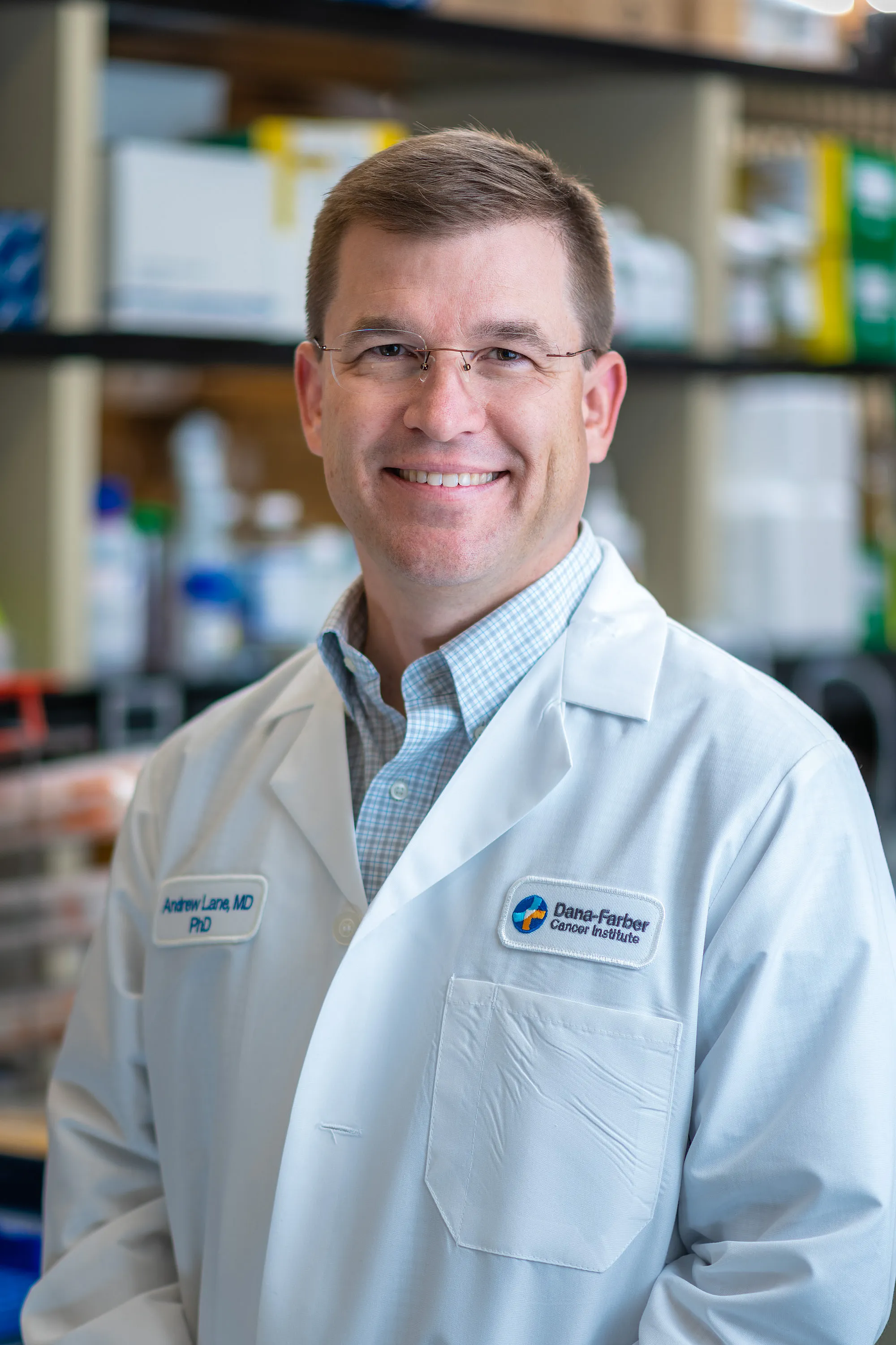 09.28.2022 - Andrew Lane, MD, PhD in his lab at Dana-Farber. Photo by Sam Ogden.